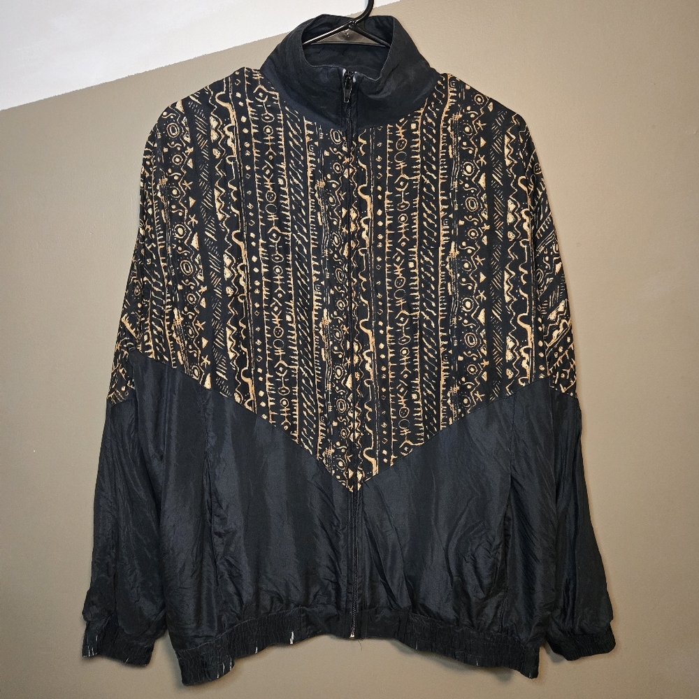 Vintage Sara Roberts Unisex 100% Silk Bomber Jacket Black Patterned Size Small